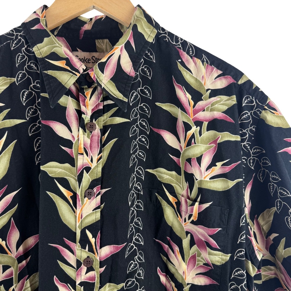 Cooke Street Button Down Shirt Men XL Black Bird of Paradise Floral Cotton Aloha